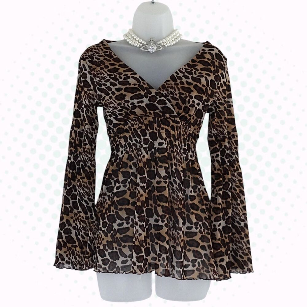 Vintage Y2K BCBG Max Azria Leopard Print Bell Sleeve V-Neck Mesh Top Size XS